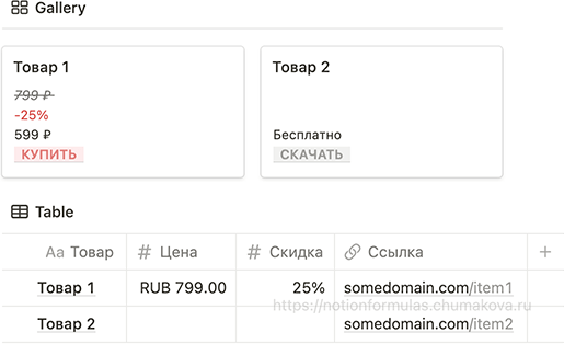 Формула Notion 2.0 «Интернет-магазин на базе Notion (кнопки на карточках записей)»