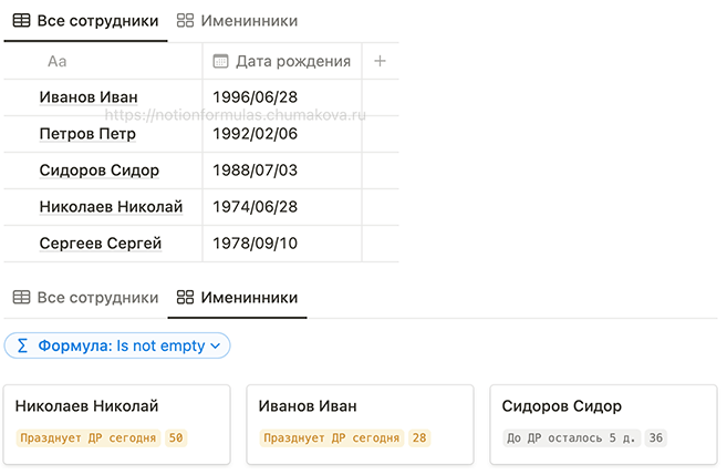 Формула Notion 2.0 «Дни рождения сотрудников»