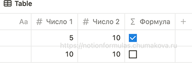 Формула Notion 2.0 «Инверсия логического значения, возвращаемого выражением»
