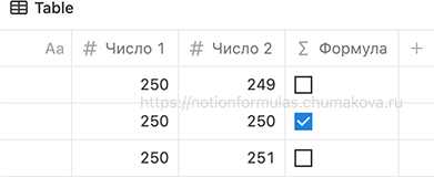 Формула Notion 2.0 «Проверка чисел на равенство»