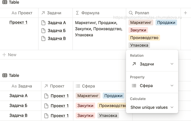 Формула Notion 2.0 «Замена роллапов: уникальные значения (show unique values)»