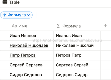 Формула Notion 2.0 «Обратный порядок слов (Имя Фамлия → Фамилия Имя)»