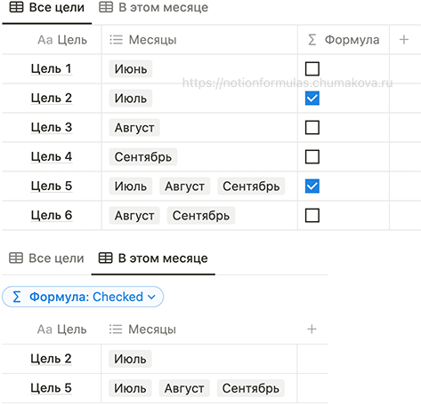 Формула Notion 2.0 «В этом месяце? (месяц из свойства Multi-select)»