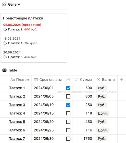 Формула Notion 2.0 «Предстоящие платежи»