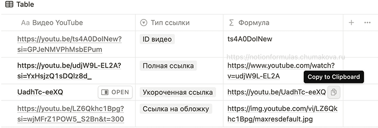 Формула Notion 2.0 «Генератор YouTube-ссылок»