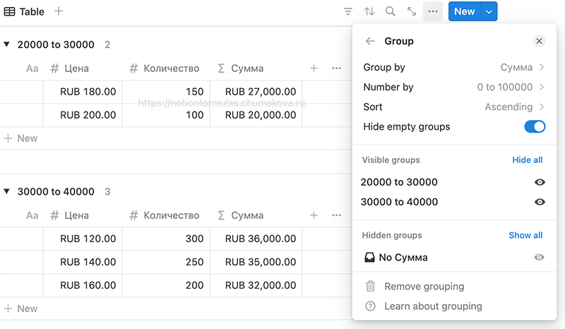 Сортировка, группировка, фильтрация по формулам Notion
